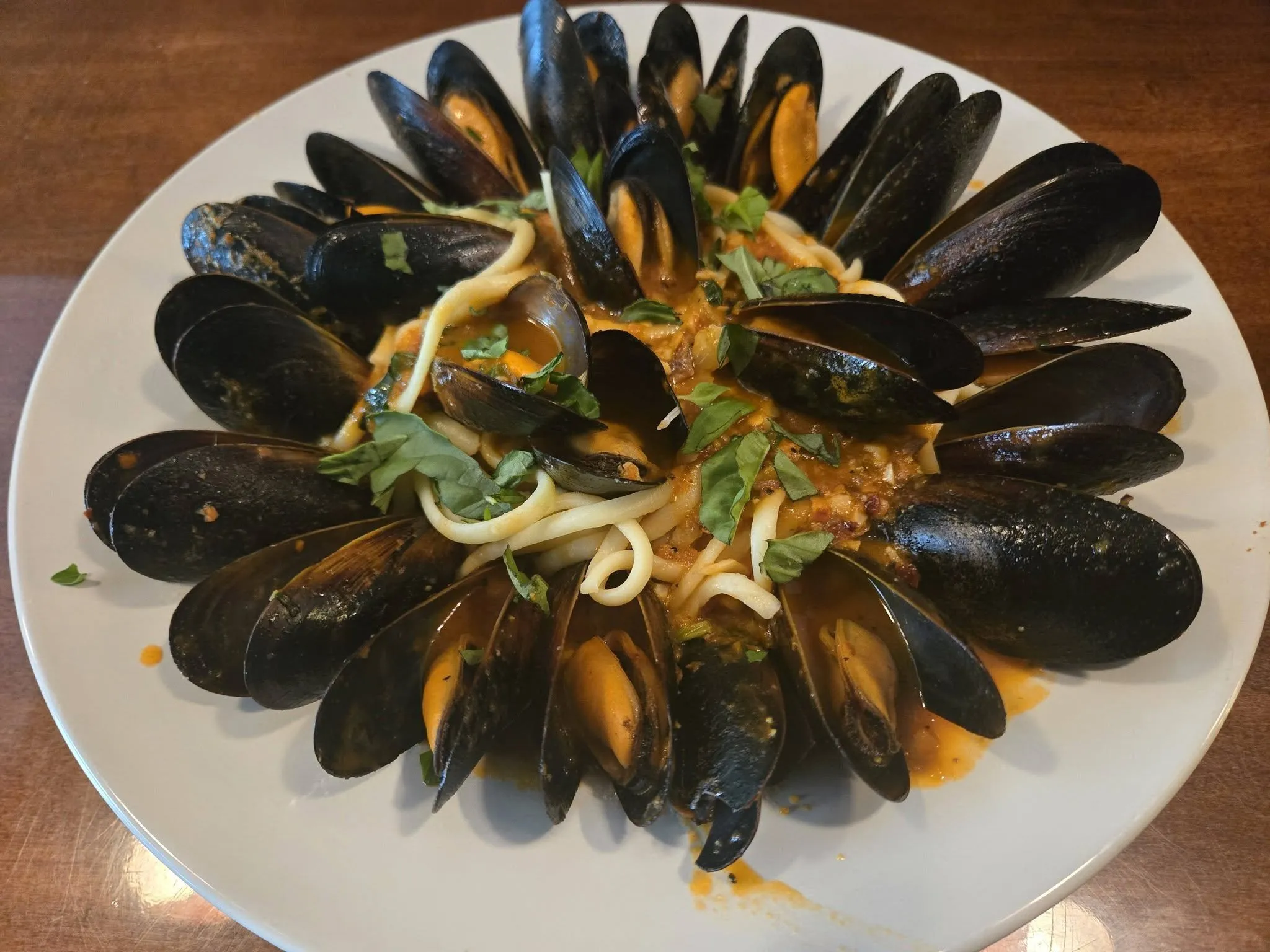 A plate of black mussels over linguine in red sauce with torn basil.